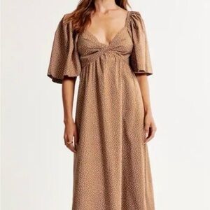 Abercrombie & Fitch Brown Angel Sleeve Twist Front Polka Dot Midi Dress